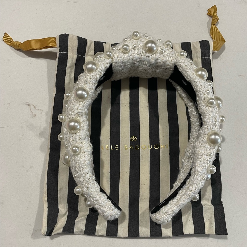 NWT. Lele Sadoughi ivory multi pearl tweed knotted headband